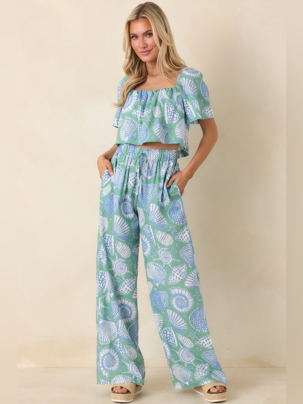 NWT Paradisa San Marino Oceana Shell Print Wide Leg Pants M